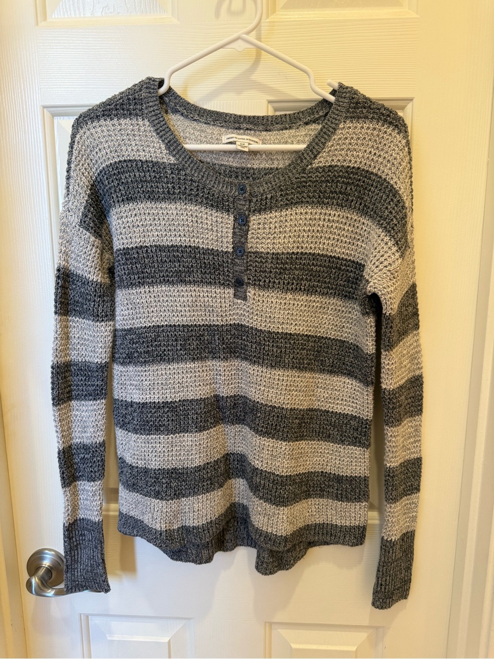 American Eagle Outfitters Gray & Cream Striped Henley Knit Top